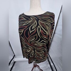 Christine Gerard Black Long Sleeve Top Gold Red Mettalic Swirl 3X